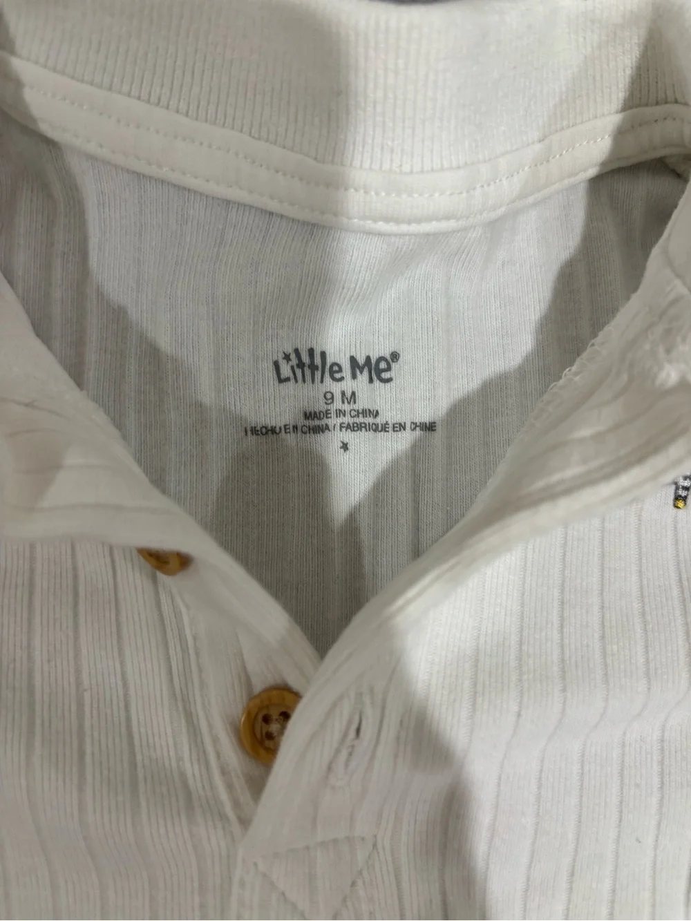 Little Me White Polo Romper with Yellow Giraffe & Blue Elephant Embroidery